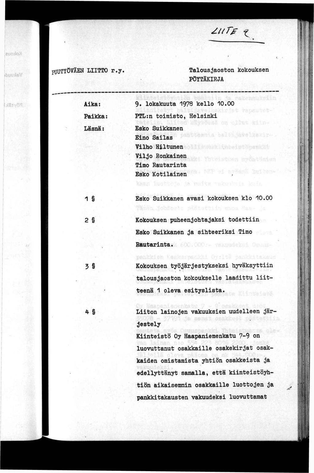 znf ^, (, PUUTYÖVÄEN LTTO r.y Talous;jaoson kokouksen PÖYTÄKRJA Aka: 9. lokakuua 1978 kello 10.