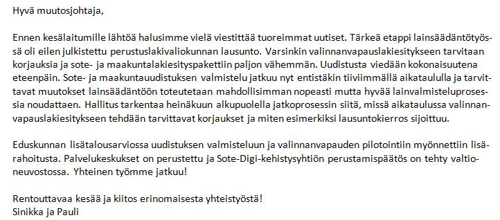 Ajankohtaista muutosjohtajilta 30.6.