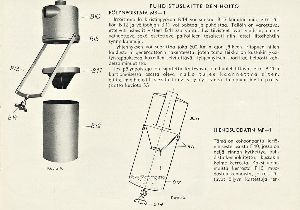 PUHDISTUSLAITTEIDEN HOITO PÖLYNPOISTAJA MB-1 Irroittamalla kiristinpyörän 814 voi sankaa 813 kääntää niin, etta säiliön B 12 ja välipohjan B 11 voi poistaa ja puhdistaa.