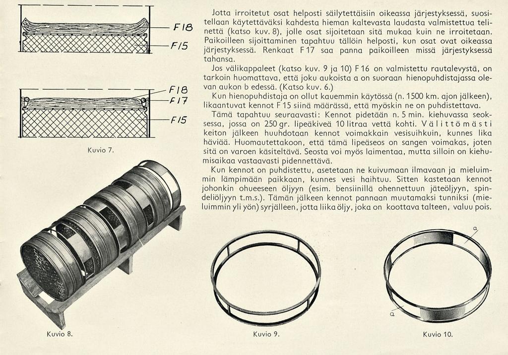 Jotta irroitetut osat helposti säilytettäisiin oikeassa järjestyksessä, suositellaan käytettäväksi kahdesta hieman kaltevasta laudasta valmistettua telinettä (katso kuv.