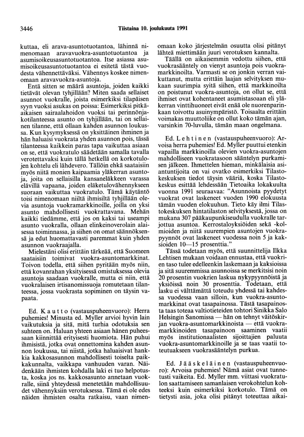 3446 Tiistaina 10. joulukuuta 1991 kuttaa, eli arava-asuntotuotantoa, lähinnä nimenomaan aravavuokra-asuntotuotantoa ja asumisoikeusasuntotuotantoa.