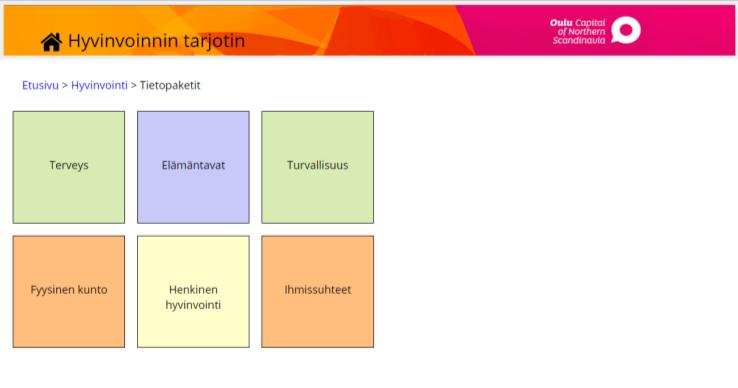 12 Olettaisin, että tulee informaatiota näistä asioista, tiivis, lyhyt tieto Suositus: Yhdistetään Hyvinvointi-valinnan kaikki alivalinnat yhdeksi, jossa päänäkymä vastaa tietopakettien näkymää