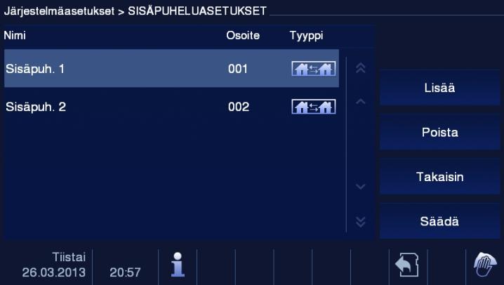 4.2.12.2 Sisäpuh 1 2 3 4 5 6 7 Kuva 17 Sisäpuh. "Sisäpuh."-valikko sisältää seuraavat toiminnot. Toiminnot 1 Sisäpuhelimen nimi. 2 Sisäpuhelimen osoite. 3 Sisäpuhelimen tyyppi.