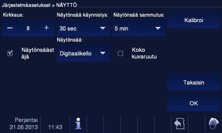 4.2.12.11 Näyttöasetukset 1 9 8 7 2 3 4 6 5 Kuva 30 Näyttöasetukset "Näyttöasetukset"-valikko sisältää seuraavat toiminnot: Toiminnot 1 Kirkkaus - Aseta näytön kirkkaus "Plus/miinus"-painikkeilla.