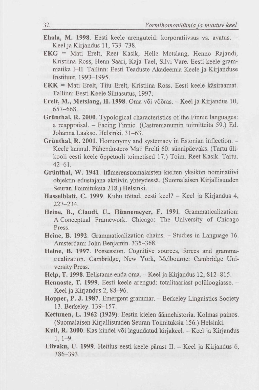 32 Vormihomonüümia ja muutuv keel Ehala, M. 1998. Eesti keele arenguteid: korporatiivsus vs. avatus. - Keel ja Kirjandus 11, 733-738.