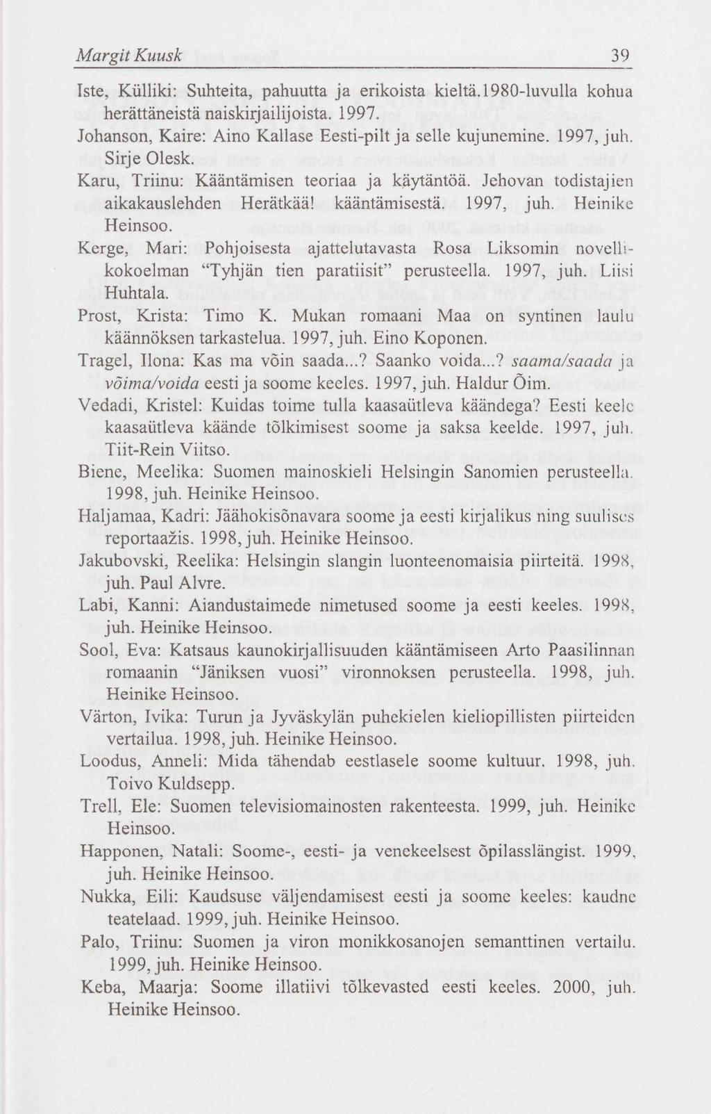 Margit Kuusk 39 Iste, Külliki: Suhteita, pahuutta ja erikoista kieltä. 1980-luvulla kohua herättäneistä naiskirjailijoista. 1997. Johanson, Kaire: Aino Kallase Eesti-pilt ja selle kujunemine.