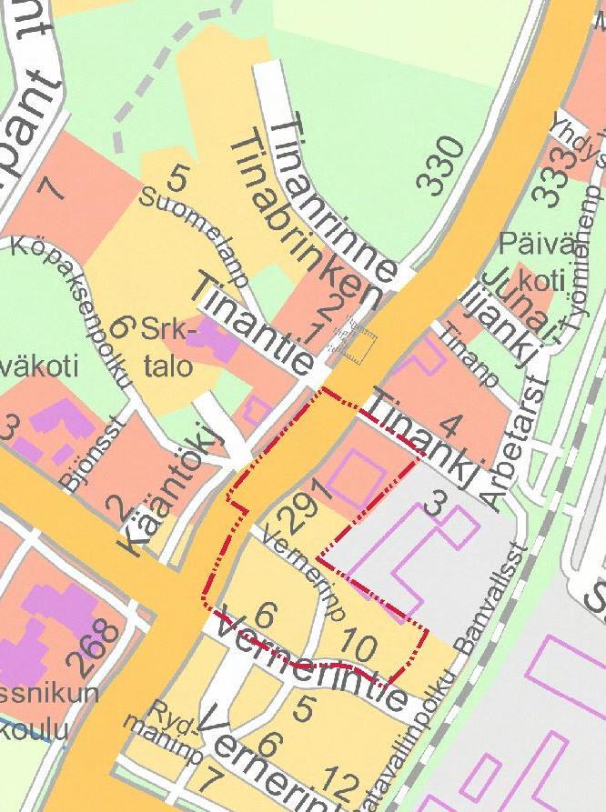 Kaavaehdotuksen rajaus Vernerinpuiston asemakaavan rajaus Kuva 14. Suunnittelualueen muuttuminen kaavoituksen aikana.