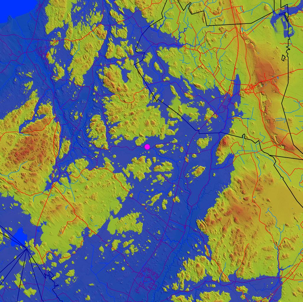 Liite 1.2 Liite 1.2. Khronoksen talon (vaaleanpunainen piste) ympäristö vuonna 6 500 eaa., jolloin veden pinta oli 74 m nykyistä korkeammalla (Vuorela et al. 2009).