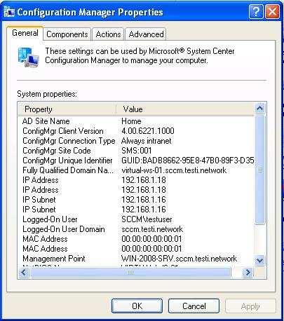 45 Configuration Manager -apuohjelmalla (kuva 28) voi tarkastella clientkoneen ominaisuuksia ja asennettuja client-komponentteja.