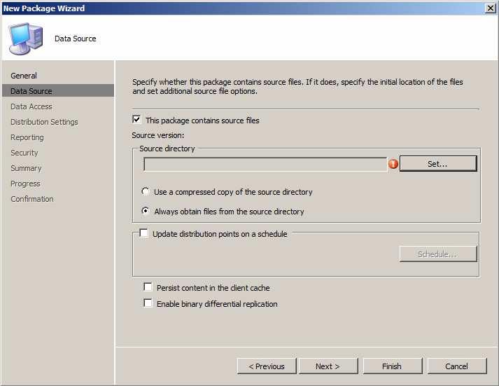 51 Kuva 37. Data Source -sivulla määritetään lähdekansio, jos paketti sisältää tiedostoja. Set Source Directory -laatikossa (kuva 38) määritetään lähdetiedostojen sijainti.
