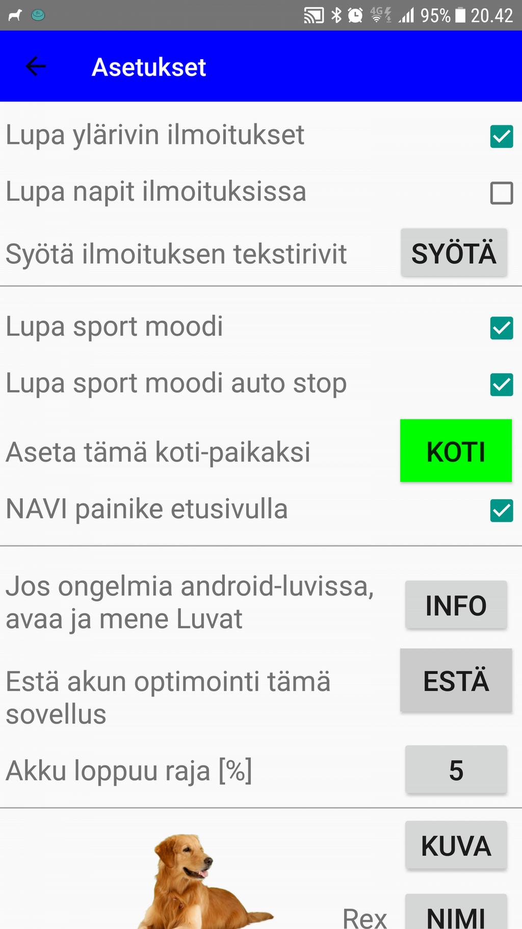 5. Asetukset Puhelimen ylärivin ilmoitus valinnat. Sport-moodi valinnat. Kotipaikan asetus ja vapautus etusivun NAVI-painikkeelle.