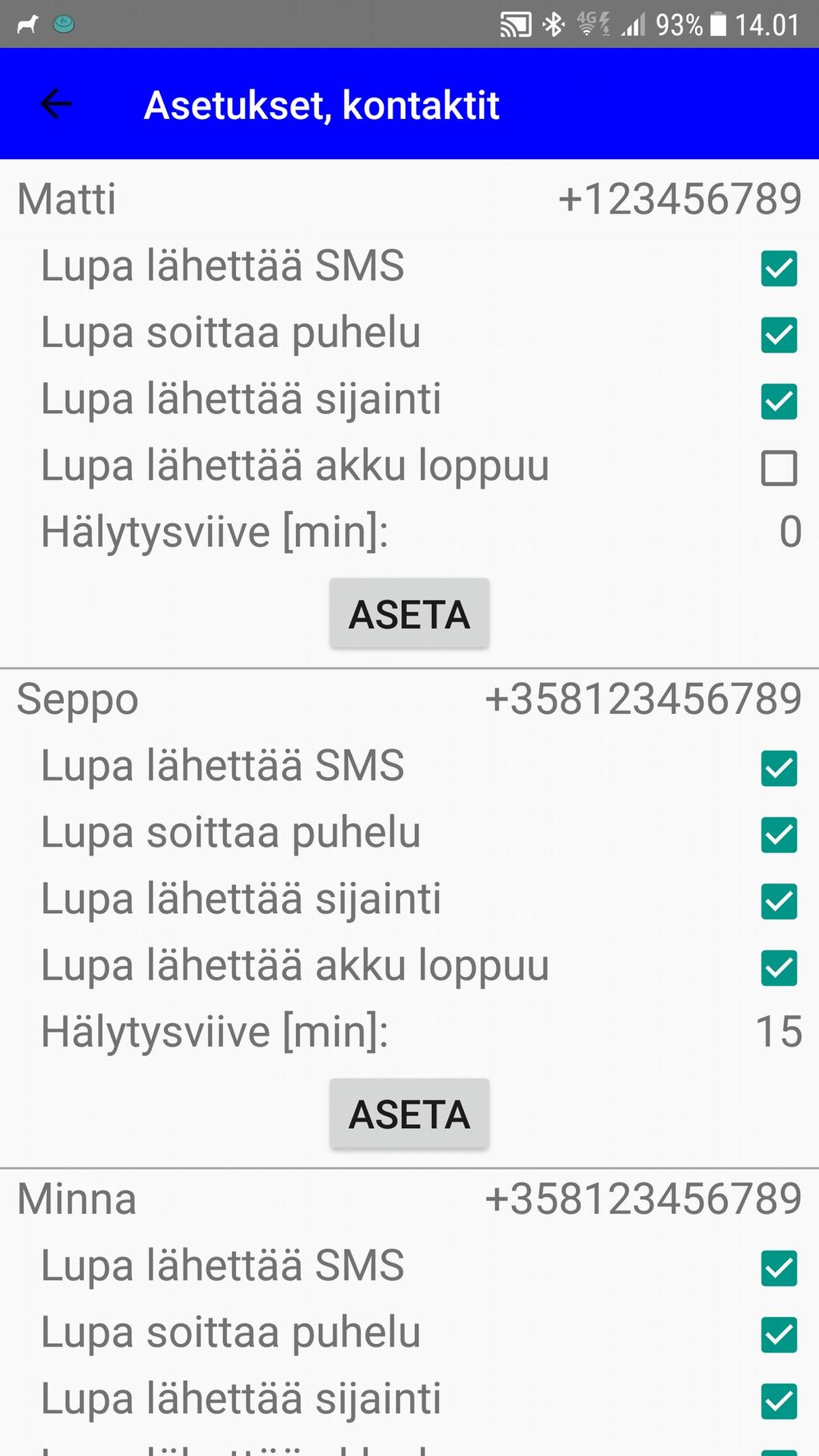 7. Asetukset, kontaktit Voit antaa kolmen henkilön nimen, puhelinnumeron sekä valita mitä toimintoja henkilön kohdalla tehdään.