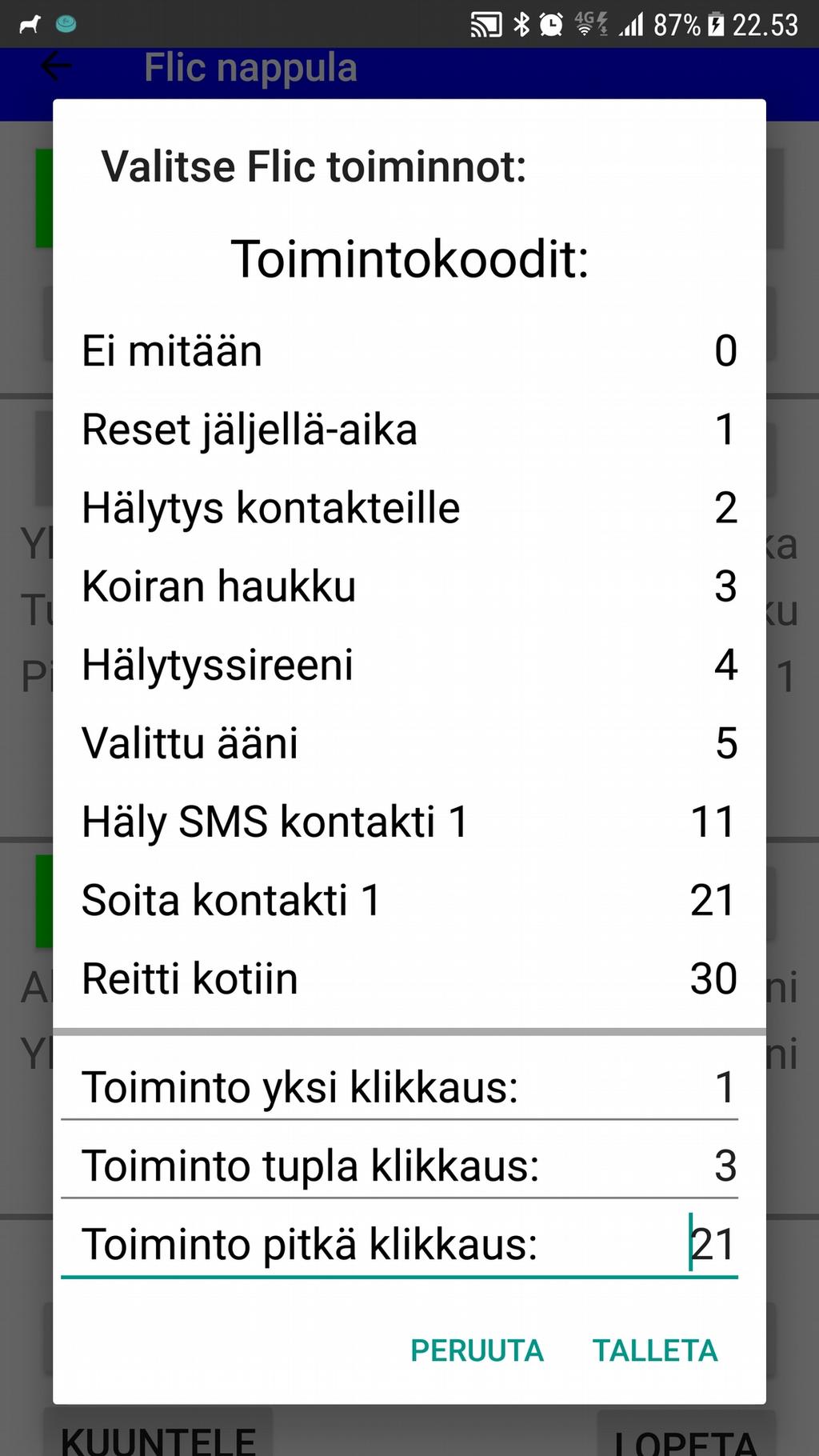 FLIC-painikkeen kytkeminen Vahtikoiraan: Painike on ensin otettava käyttöön Flic-sovelluksessa (helppo, seuraa ohjeita) ja anna sille myös nimi, esimerkiksi vaikka painikkeen väri.