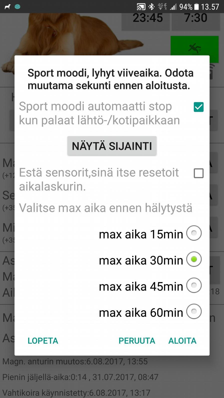 SPORT-Moodi Näkyy vain jos Asetukset - Lupa Sport-moodi on valittu.