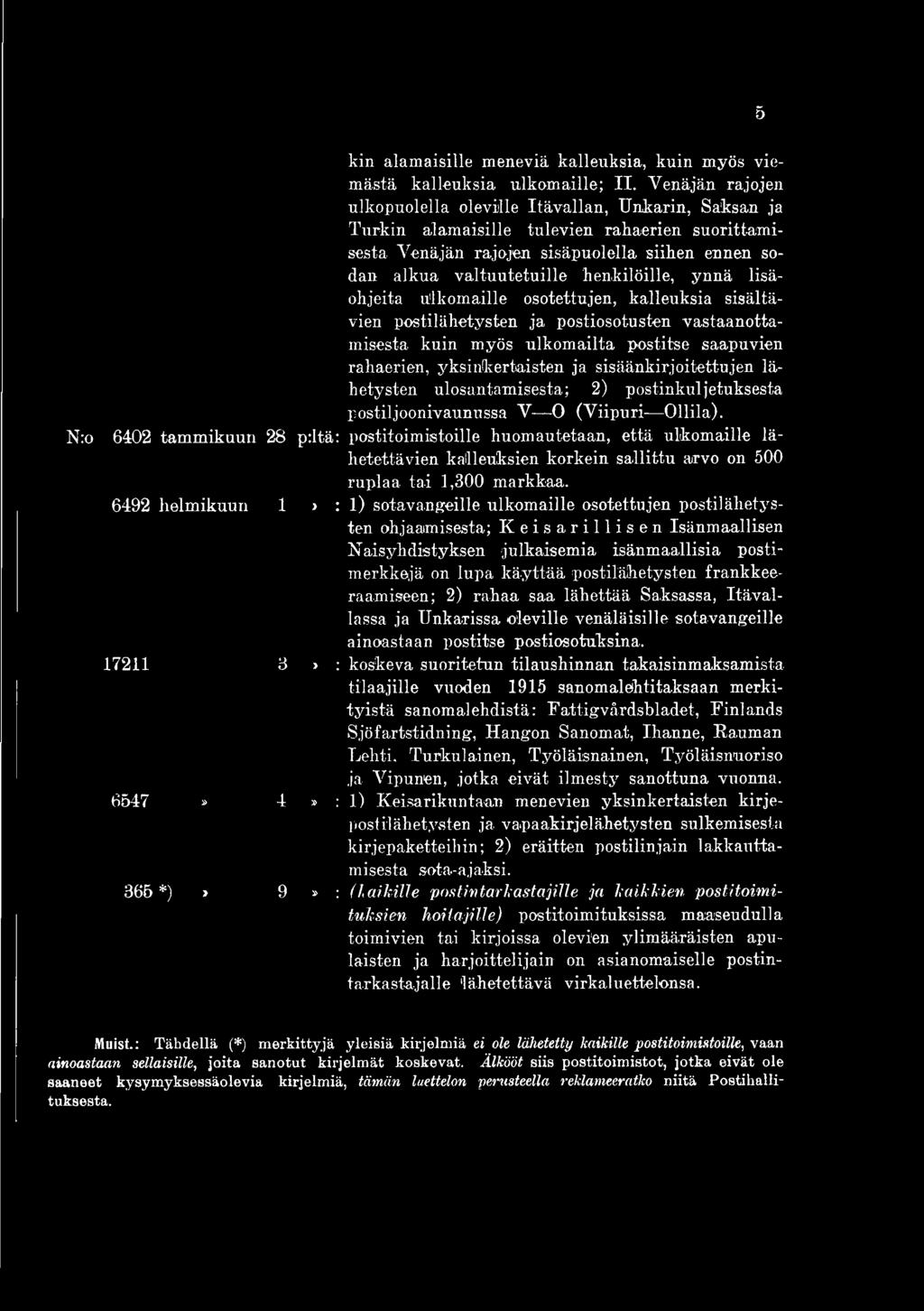 henkilöille, ynnä lisäohjeita ulkomaille osotettujen, kalleuksia sisältävien postilähetysten ja postiosotusten vastaanottamisesta kuin myös ulkomailta postitse saapuvien rahaerien, yksinkertaisten ja