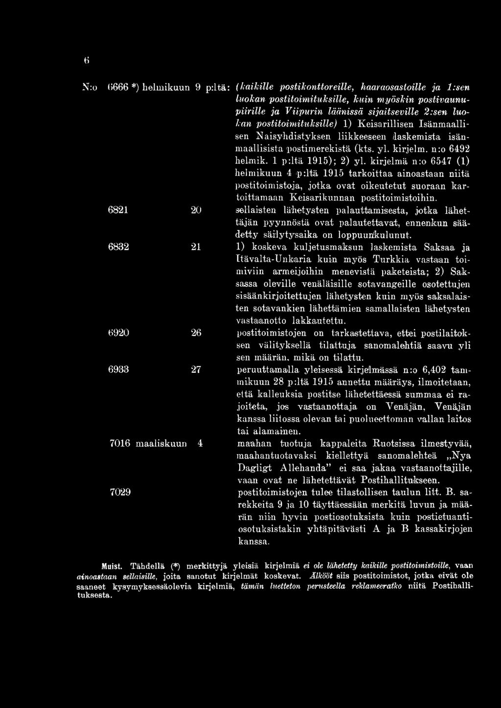 kirjelm. n:o 6492 helmik. 1 p:ltä 1915); 2) yl.