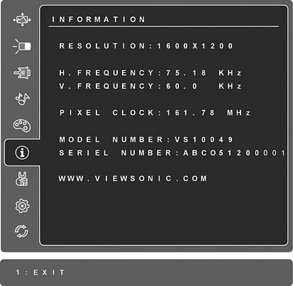 Säädin Kuvaus Information (tiedot) näyttää tietokoneen grafiikkakortista tulevan näyttötilan (videosignaalin syötön), LCD-mallinumeron, sarjanumeron ja ViewSonic websivuston URL-osoitteen.