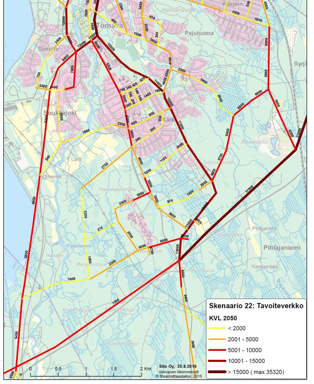 Vapaudentien jatke Liikenne-ennusteen muutokset vuoteen 2050okset Vapaudentien jatke nousee yhdeksi Seinäjoen vilkkaimmaksi kaduksi.