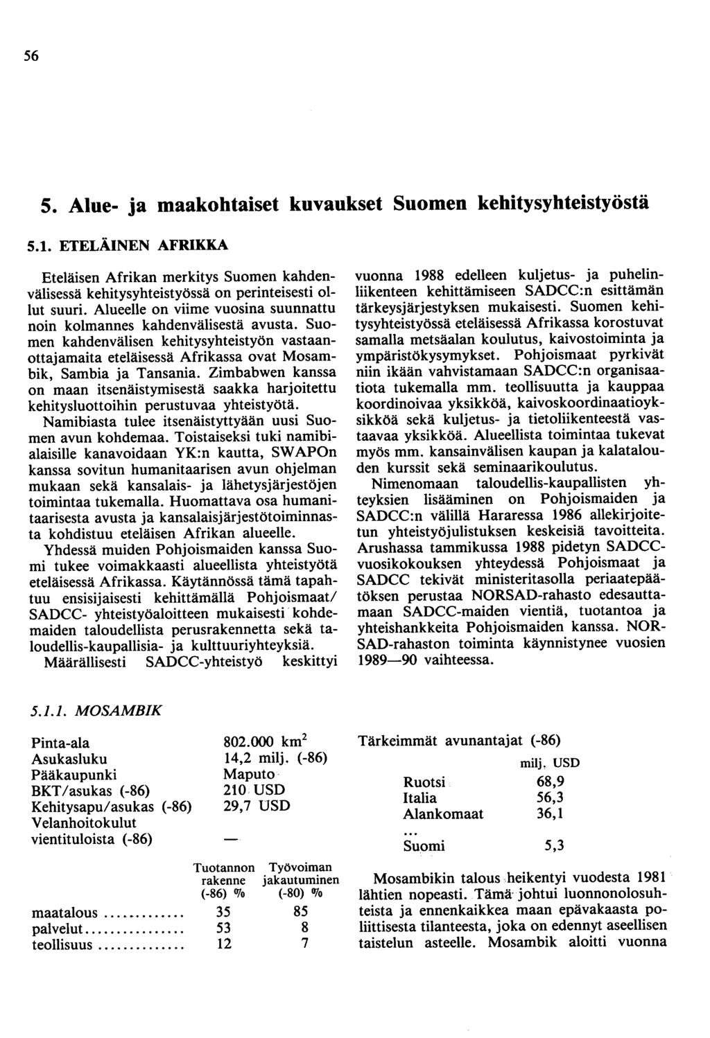 56 5. Alue- ja maakohtaiset kuvaukset Suomen kehitysyhteistyöstä 5.1. ETELÄINEN AFRIKKA Eteläisen Afrikan merkitys Suomen kahdenvälisessä kehitysyhteistyössä on perinteisesti ollut suuri.