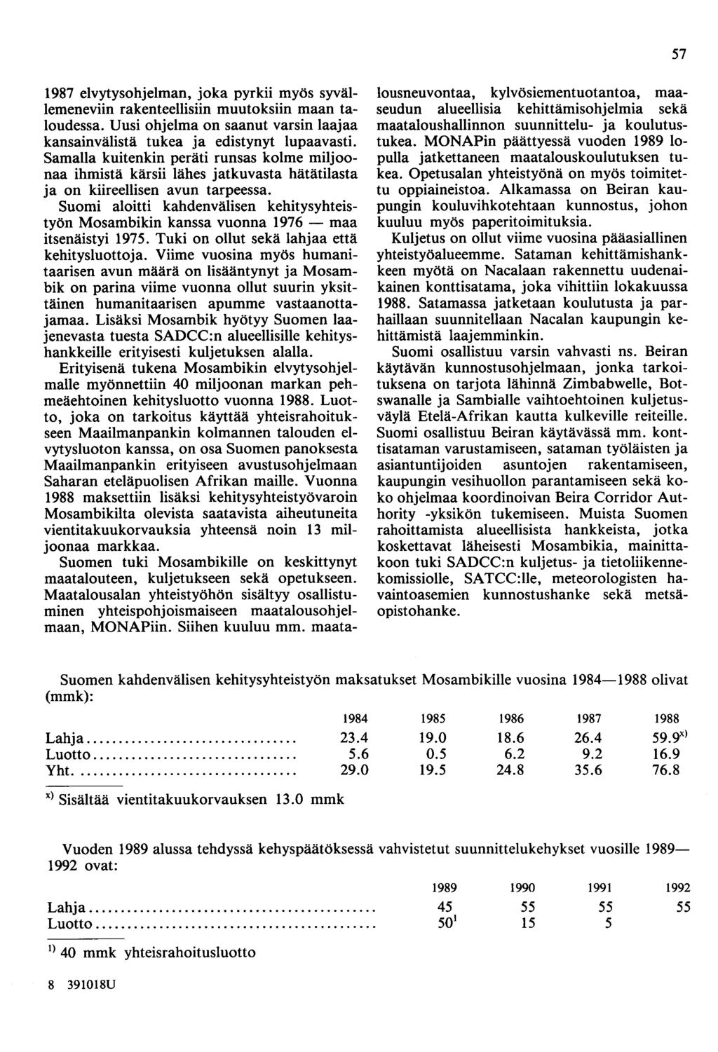 57 1987 elvytysohjelman, joka pyrkii myös syvällemeneviin rakenteellisiin muutoksiin maan taloudessa. Uusi ohjelma on saanut varsin laajaa kansainvälistä tukea ja edistynyt lupaavasti.