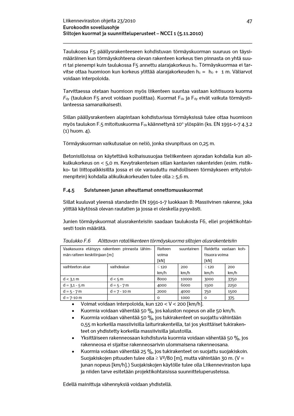 Liikenneviraston ohjeita 23/2010 47 Taulukossa F5 päällysrakenteeseen kohdistuvan törmäyskuorman suuruus on täysimääräinen kun törmäyskohteena olevan rakenteen korkeus tien pinnasta on yhtä suuri tai