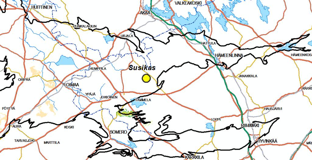 2 1 JOHDANTO 1.1 Sijainti ja tutkimusten tausta Susikkaan tutkimusalue sijaitsee Tammelan kunnan koillisosassa, Susikkaan kylän lähialueella (kuva 1).