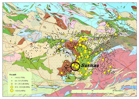 3 Kuva 2. Susikkaan alueen sijainti kallioperäkartalla (DigiKP), johon merkitty kultapitoisuuden vaihtelu hankkeen v. 2011-2013 geokemian kartoituksessa 1.