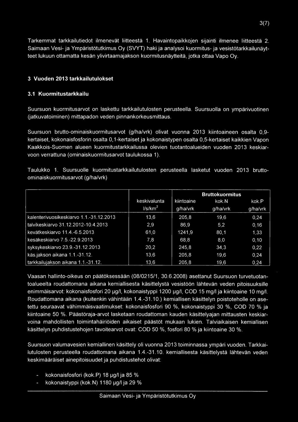 3 Vuoden 2013 tarkkailutulokset 3.1 Kuormitustarkkailu Suursuon kuormitusarvot on laskettu tarkkailutulosten perusteella.