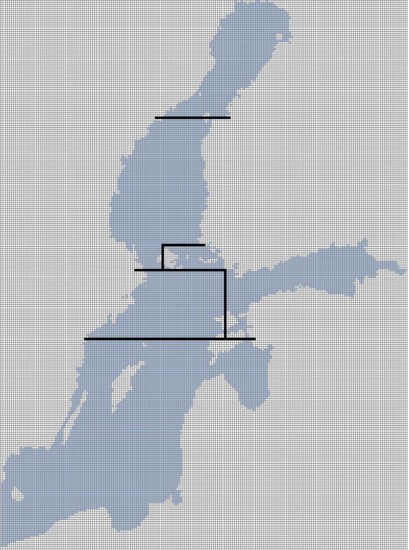 Itämeren allasjaot mallissa Allas tilavuus (km3) Perämeri 1585 Selkämeri 4621