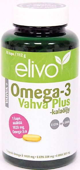 Yksi kapseli sisältää 1020 mg Omega-3: E-EPA 600 mg ja E-DHA 300 mg Elivo Omega-3 Vahva
