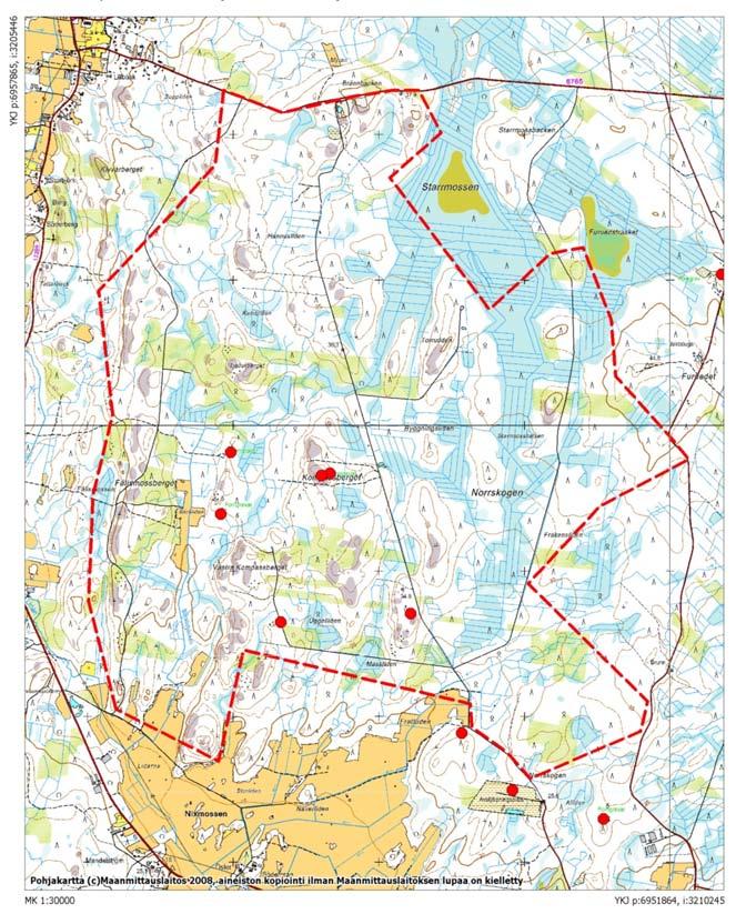 6.3. Närpiö Norrskogen Kartta Norrskogenin tuulivoimapuistoalueesta ja puiston muinaisjäännöksistä