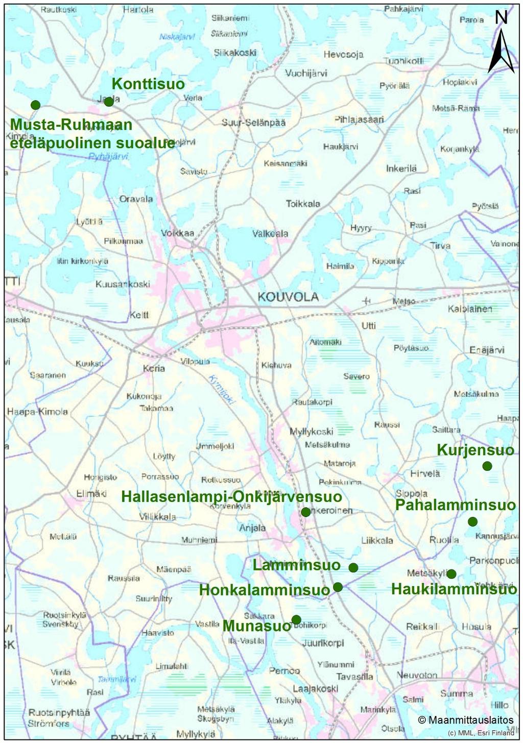 2 TUTKIMUSALUEET Tutkimusalueiden valinnassa hyödynnettiin suoasiantuntija Markku Suoknuutin KaakkoisSuomen ELY-keskuksessa aikaisemmin tekemiä laaj kartoituksia.
