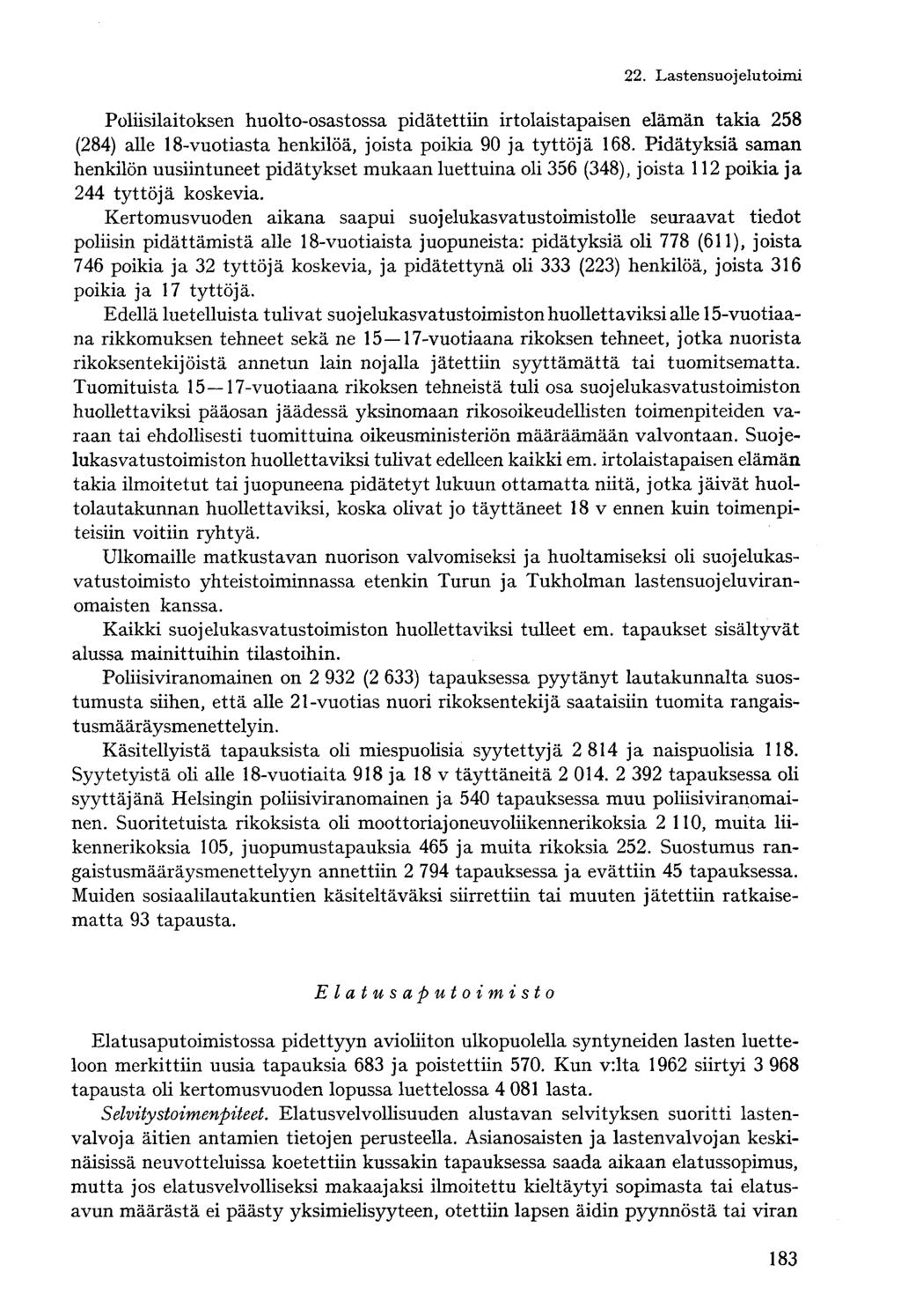 Poliisilaitoksen huolto-osastossa pidätettiin irtolaistapaisen elämän takia 58 (8) alle 8-vuotiasta henkilöä, joista poikia 90 ja tyttöjä 68.
