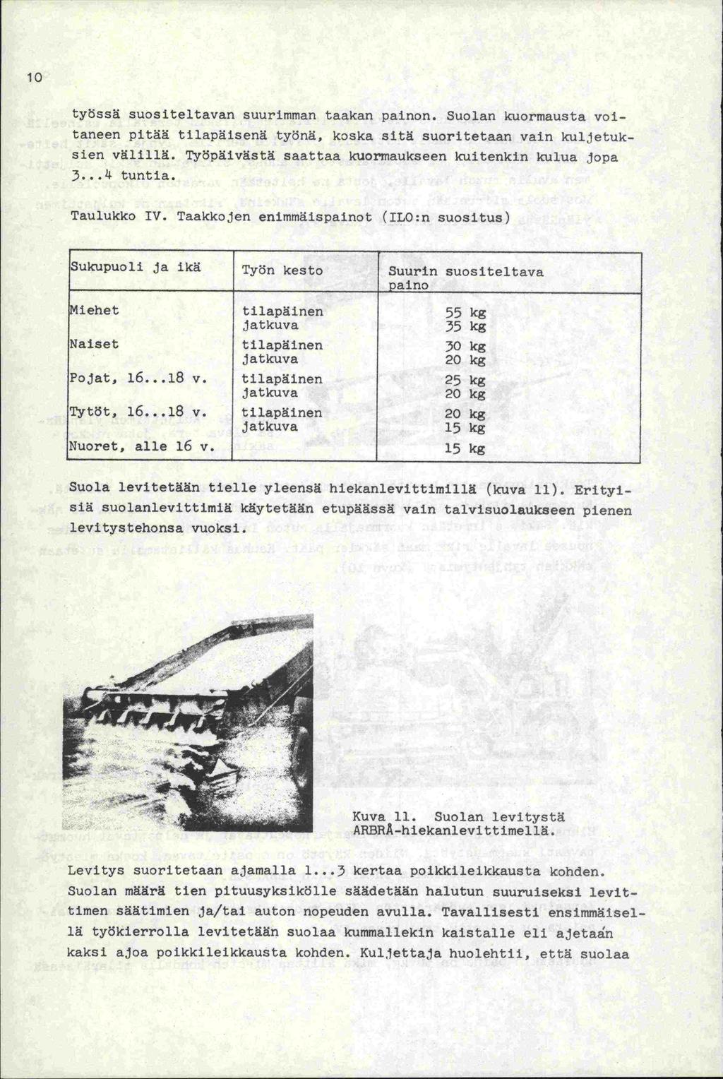 10 työssä suositeltavan suurimman taakan painon. Suolan kuormausta voitaneen pitää tilapäisenä työnä, koska sitä suoritetaan vain kuljetuksien välillä.