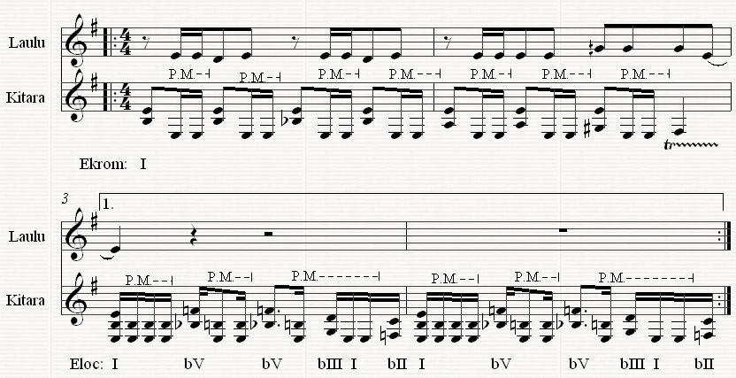 nousevia sävelkulkuja. Kappaleen säkeistöriffi (esim. 4.1.36) alkaa ensimmäisen asteen voimasoinnulla, jossa soinnun kvartti on alempana äänenä.