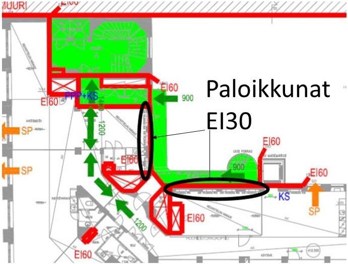 Poistuminen Poikkeamia perusteltuna, jos etäisyydet ja poistumistieleveydet