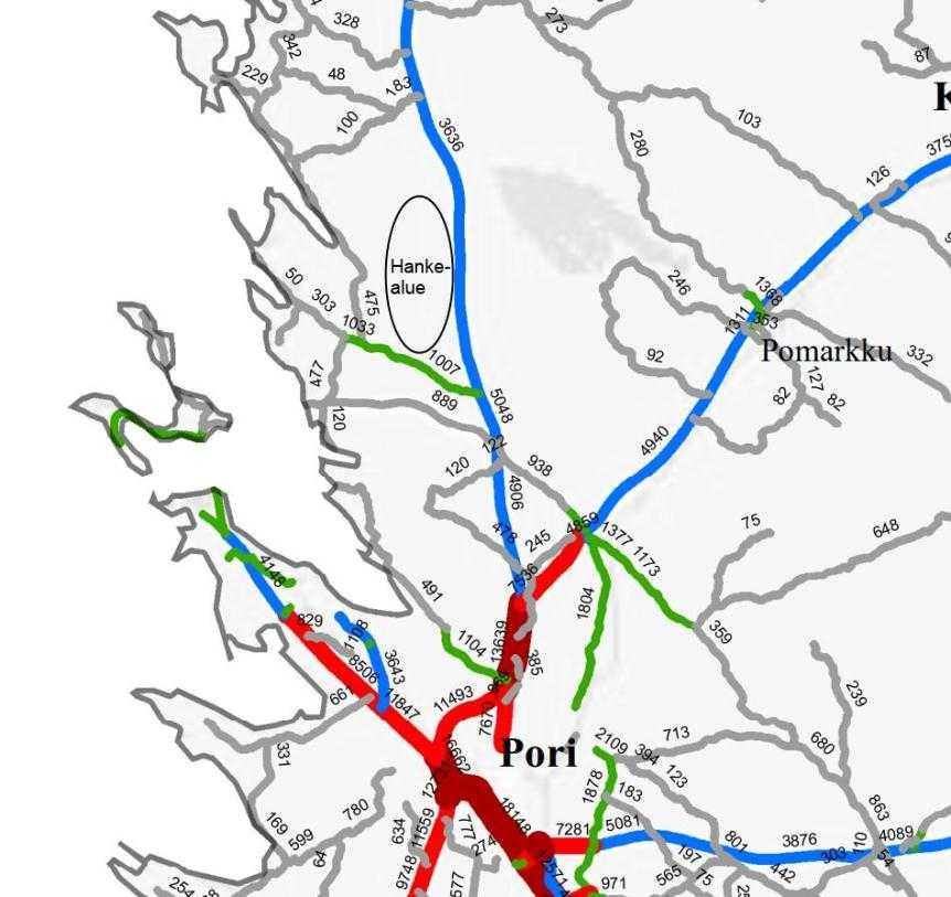 19. VAIKUTUKSET LIIKENNE- JA VIESTINTÄYHTE- YKSIIN 19.1 Maantieliikenteen nykytila Suunnittelualueen itäpuolella kulkee valtatie 8 (Pori-Vaasa) ja etelä- ja länsipuolella yhdystie 2680.