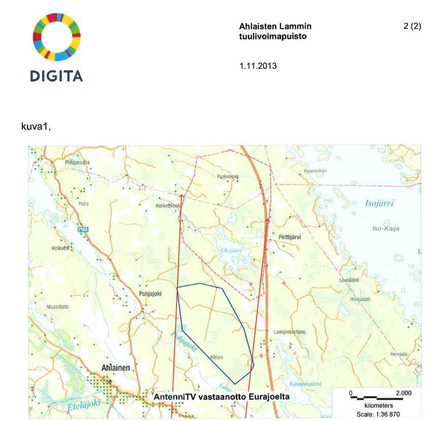 Kuva 19-6. Ahlaisten Lammin tuulipuiston mahdollisesti aiheuttama katvealue katkoviivalla merkittynä 19.