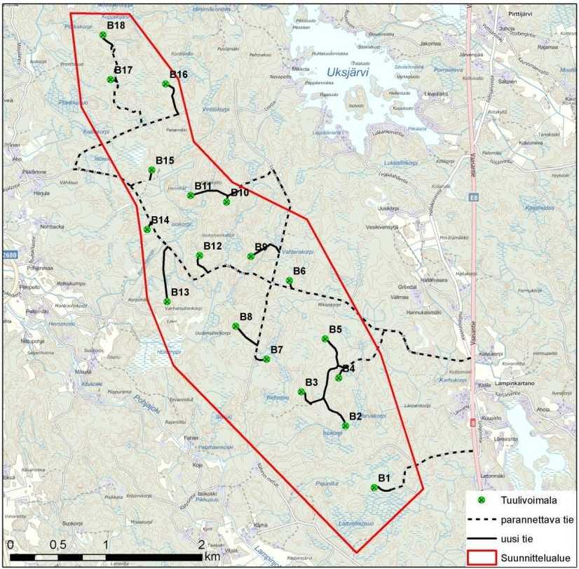 4.1.3 Vaihtoehto 2 (18 voimalaa) Lammin alueelle rakennetaan enintään 18 tuulivoimalan laajuinen tuulivoimatuotantoalue. Kunkin tuulivoimalan nimellisteho on 3-5 MW.