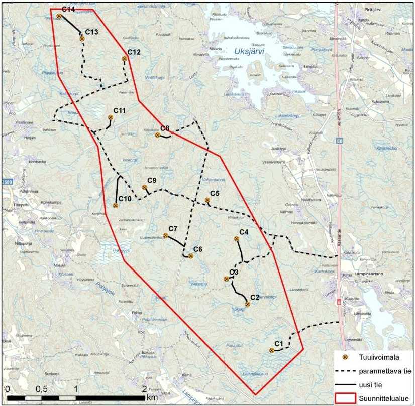 Kuva 4-3 Vaihtoehdon 3 mukainen alustava tuulivoimaloiden sijoitussuunnitelma. 4.1.5 Vaihtoehto 4 (11 voimalaa) Lammin alueille rakennetaan enintään 11 tuulivoimalan laajuinen tuulivoimatuotantoalue.