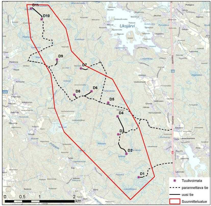 Kuva 4-4. Vaihtoehdon 4 mukainen alustava tuulivoimaloiden sijoitussuunnitelma. Vaihtoehtojen yhteydessä voidaan tarkastella alavaihtoehtoina suppeampia suunnitteluvaihtoehtoja. 4.2 Sähkönsiirron vaihtoehdot Ahlaisten Lammin tuulivoimapuiston sähkönsiirtoa varten toteutetaan uusi voimajohtolinja.