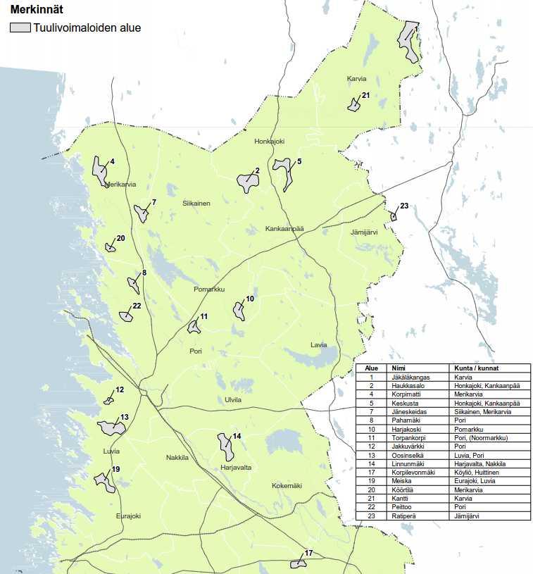 Ahlaisten Lammin tuulivoimahanke on maakuntakaavassa merkitty tunnisteella 8, Pahamäki. Kuva 4-7. Maakuntakaavan tuulivoima-alueet 4.3.
