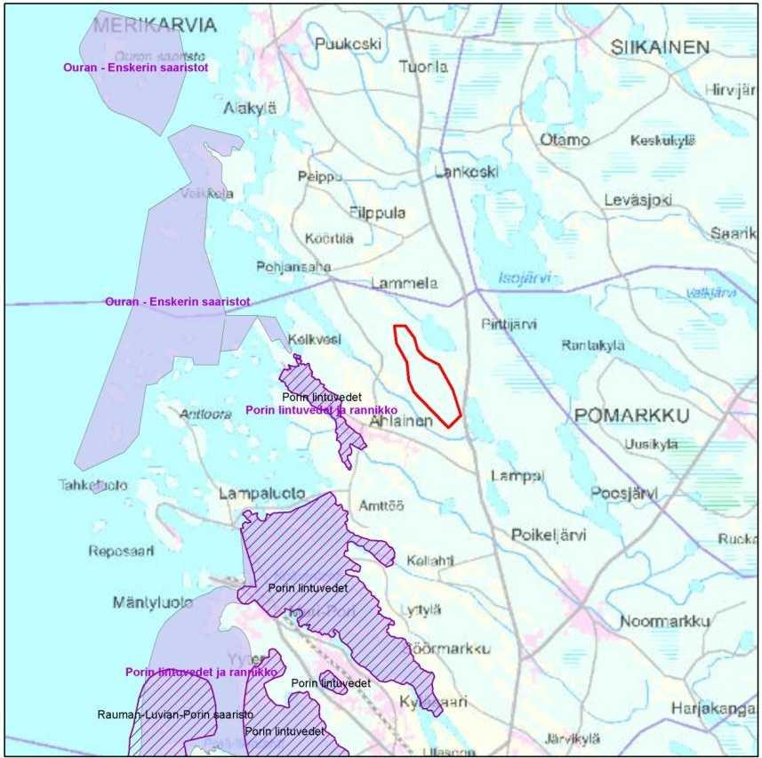 Kuva 11-1. Arvokkaat linnustoalueet suunnittelualueen läheisyydessä. 11.4.2 Pesimälinnusto Suunnittelualueen pesimälinnuston keskitiheys on selvityksen perusteella 159 paria neliökilometriä kohden.