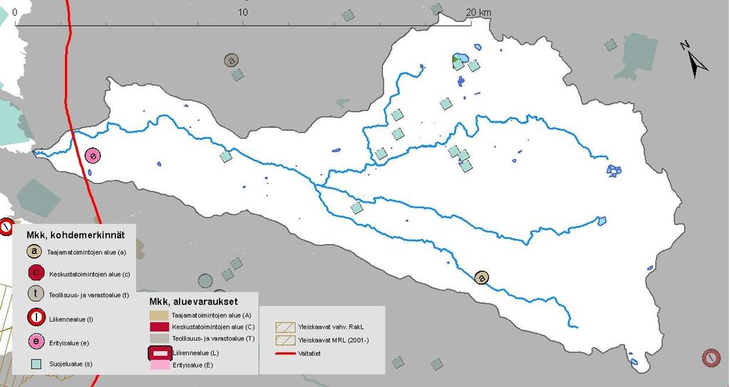 pohjavesiosa-alueita, jäteasema, kylä ja muinaismuistoalueita lähinnä vesistön yläosalla (kuva 5).
