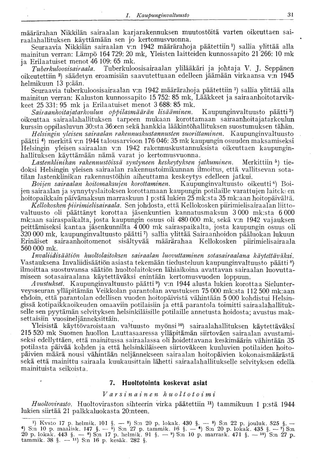 31 1. Kaupungin valtuusto määrärahan Nikkilän sairaalan karjarakennuksen muutostöitä varten oikeuttaen sairaalahallituksen käyttämään sen jo kertomusvuonna.