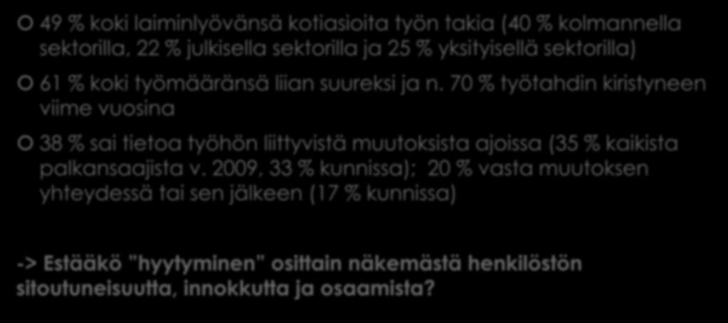 Järjestötyön vaativuus kovaa luokkaa 49 % koki laiminlyövänsä kotiasioita työn takia (40 % kolmannella sektorilla, 22 % julkisella sektorilla ja 25 % yksityisellä sektorilla) 61 % koki työmääränsä