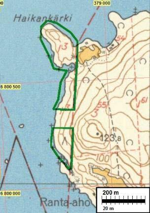 Haikankärjen ranta-asemakaava, kaavaselostus, liite 3: Muisnaisjäännösinventointi 5 Vasen: ote vuoden 1955 peruskartasta. Inventointialueen koillispuolella on pieni pelto.