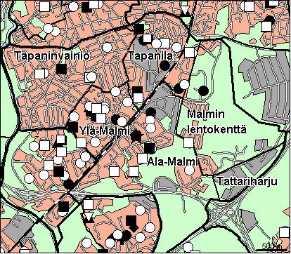 53 Malmin peruspiiri Copyright Helsingin kaupunki, Kaupunkimittausosasto 36 /23 Genimap Oy, Lupa L5475/3 Asukastiheys h/km2 Asuntojen keskikoko m2 Asuntokuntien keskikoko Korkeakoulututkinto 15 1 3,5