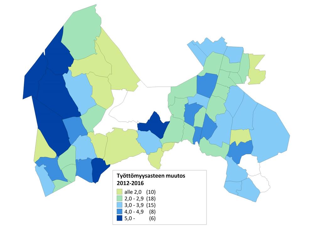 4 Viimeksi kuluneen viiden vuoden aikana työttömyysaste lisääntyi kaikissa kaupunginosissa (kartta 2).