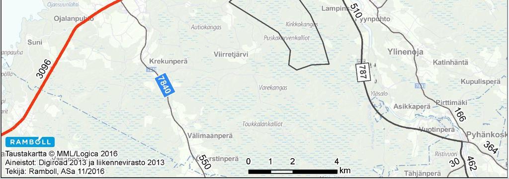 Näiden teiden välissä hankealueella ja sen ympärillä kulkee pienempien teiden ja metsäautoteiden verkosto.